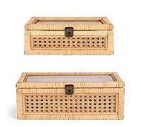 HUAXIN CRAFT H Caja decorativa de ratán con tapa, tejido rectangular con cristal para exhibición, juego de 2 unidades de mimbre para decoración