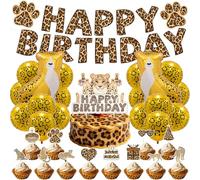 Huaxintoys Fiesta de Cumpleaños para Guepardo, Globos de Leopard, Leopard Topper Tartas y Happy Birthday Pancarta, Suministros de Fiesta Temáticos de Safari (28 Pcs)