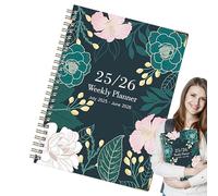 Huayeex Cuaderno de Anillas,Planificador Anual | Julio 2025 a Junio 2026 Estético A5 Espiral con Diseño Floral Papel Grueso Cuadrícula Inglés Para Diario, Estudiar, Notas de Campo, Bocetos,