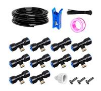 HUAZIZ Misters - Sistema de riego para terraza al aire libre, jardín, 15 m, manguera de niebla de 6 mm + 10 boquillas de niebla azul en T, sistema de niebla exterior para paisaje, cama de flores y