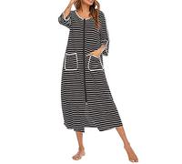 HUAZONG Bata de vestir para mujer, con cremallera, manga corta/larga, suave, con cremallera, con bolsillos, ropa de dormir, Negro, M