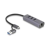 Hub Delock 3 puertos USB 5 Gbps Gigabit LAN metálico USB-C/A