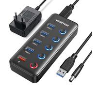 HUB USB 3.0 Alimentación Externa Powered USB Hub，5 Puertos (4 Puertos de Transferencia de Datos + 1 Puerto de Carga Inteligente) LED y Active Switch con Adaptador de Corriente 15W para PC, Win, Mac