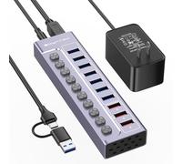 Hub USB 3.0 alimentado, divisor de concentrador USB de 10 puertos con interruptores e indicadores individuales, 7 puertos de transferencia de datos USB 3.0, 3 puertos de carga inteligente de 2.4 A +