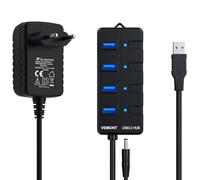 Hub USB 3.0 Alimentado,VEMONT 4 Puertos USB Hub Alimentación Externa con Ataptador 5V/3A,SuperSpeed Multi USB con Botón Encender/Apagar y Cable Largo 1,2m Compatible con Mac iOS,Windows,Android,Linux