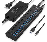 Hub USB 3.0 con alimentación, divisor de concentrador USB C de 16 puertos, 16 USB-A 3.2 10 Gbps con interruptores individuales, adaptador de corriente certificado UL de 12 V 8 A 96 W para laptop