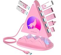 Hub USB 3.0 de 7 puertos, concentrador USB rosa con luz nocturna RGB en forma de lobo, cable de 2 pies de largo y base rosa, para laptop, PC, unidad flash, disco duro, consola, impresora, teclado,