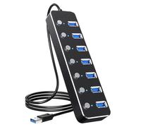 Hub USB 3.0 de 7 puertos USB con cable de 2 pies de largo, concentrador USB de aluminio para laptop y PC con interruptor de encendido/apagado individual e indicador LED