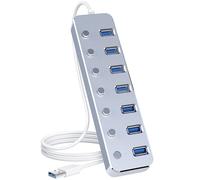 Hub USB 3.0 de 7 puertos USB con cable de 2 pies de largo, concentrador USB de aluminio para laptop y PC con interruptor de encendido/apagado individual e indicador LED