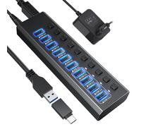 Hub USB 3.0 de aluminio 10 puertos USB 3.0 con adaptador de alimentación de 12 V/4 A (48 W) e interruptores de encendido/apagado individuales y LED