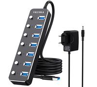 Hub USB 3.0, VKUSRA 7 Puertos USB Data Hub con Alimentación Adaptador 5V/2A, Cable de 1,2m y interruptores de alimentación Individuales para Mac Pro/Mini, Microsoft Surface Pro, DELL XPS 15 y más