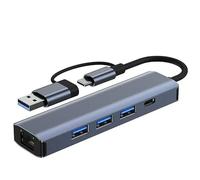 Hub USB 5 en 2 con Ethernet, transferencia de datos USB 3.0 de alta velocidad, 3 puertos USB, conector tipo C, puerto LAN de 1000 Mbps, gris aplicable a Dell/HP/Mac/portátiles