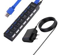 Hub USB Alimentado 3.0, Concentrador USB de 7 Puertos con Fuente de Alimentación y Puerto de Carga Rápida 2.4A, Interruptores Individuales, Cable 60cm para PC, Portátil, Discos Duros Externos