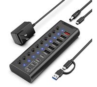 Hub USB alimentado, concentrador USB C de 10 puertos con 5 puertos USB-A 3.2 y 2 puertos USB-C 3.2, puertos de carga BC1.2 y 2 puertos PD de 45 W, interruptores individuales y adaptador de corriente