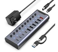 Hub USB alimentado, concentrador USB C de 10 puertos con 6 USB-A 3.2, 4 puertos USB-C 3.2, 2 puertos de carga PD de 45 W, interruptores individuales y adaptador de corriente de 24 V/3 A, extensión USB