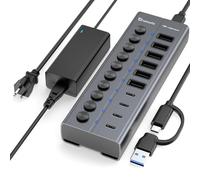 Hub USB alimentado, concentrador USB C de 10 puertos con 6 USB-A 3.2, 4 puertos USB-C 3.2, interruptores individuales y adaptador de corriente de 12 V/5 A, extensión USB de aluminio para MacBook
