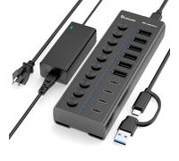 Hub USB alimentado, concentrador USB C de 10 puertos con 6 USB-A 3.2, 4 puertos USB-C 3.2, interruptores individuales y adaptador de corriente de 12 V/5 A, extensión USB de aluminio para MacBook