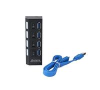 Hub USB alimentado de 4 puertos, concentrador de datos USB de aluminio, divisor USB con adaptador de corriente y luz LED de encendido/apagado