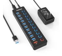 Hub USB alimentado, divisor de concentrador USB 3.0 de 11 puertos, 10 puertos de transferencia de datos USB 3.0 + 1 puerto de carga inteligente, hub USB 3.0 alimentado con interruptores LED