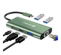 Hub USB C, UtechSmart 6 en 1 USB C a HDMI Adaptador con 1000M Ethernet, PD 100W Puerto de Carga, 3 Puertos USB 3.0 Adaptador Compatible para MacBook Pro, Chromebook, y USB C Devices(Verde)