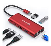 Hub USB C, UtechSmart 6 en 1 USB C a HDMI Adaptador con 1000M RJ45 Ethernet, PD 100W, 3 Puertos USB 3.0 Adaptador Compatible para MacBook, Chromebook Google TV y Dispositivos USB C (Rojo)
