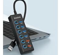 Hub USB con adaptador de corriente de 24 W, divisor de concentrador USB 3.0 de 6 puertos (4 puertos de datos USB 3.0 + 2 puertos de carga rápida QC 3.0) con interruptores LED individuales para Mac, PC