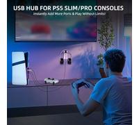 Hub USB para PS5 Pro/Slim 6 puertos, incluyendo USB C 3 0 para carga rápida y extensión de datos con elegante luz RGB