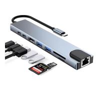Hub USB Tipo C, 8 en 1 Multiport 5Gbps Hub USB C HDMI 4K@30Hz Adaptador con Carga PD 100W, USB 3.0, USB 2.0, Puerto de Datos USB-C, Puerto Ethernet y Lector de Tarjetas SD/TF para MacBook Pro DELL