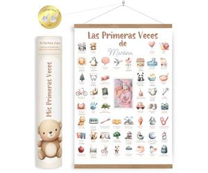 HuBorns - Póster “Mis primeras veces” para bebé, recuerdo de momentos especiales y decoración infantil con caja premium de regalo y soporte de madera magnético