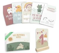 HUBORNS - Tarjetas cumple mes bebé “Mis primeras veces”, set de 46 tarjetas para fotos y recuerdos, regalo original para recién nacidos y padres primerizos con caja premium de regalo