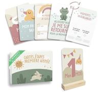 HUBORNS - Tarjetas cumple mes bebé “Mis primeras veces”, set de 46 tarjetas para fotos y recuerdos, regalo original para recién nacidos y padres primerizos con caja premium de regalo