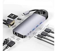 Hubs USB C 10 en 1 USB C Adaptador multipuerto a Puertos USB 3.0 Tipo C + HDMI + VGA + RJ45, Tarjeta SD/TF, Carga de 100 W, Compatible con MacBook Pro Air, Dispositivos Tipo C, Monitor, proyector