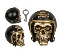Hucha Calavera con Cerradura y Llave, diseño Calavera, Aprox.16x13 cm, polirresina, Calaca, Día de los Muertos. (Poliresina, Calavera Casco Negro y Oro)