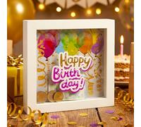 Hucha con marco de fotos 3D con ventana frontal transparente, hucha de regalo, embalaje para regalo de dinero (Happy Birthday - blanco, rectangular)