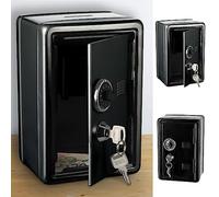 Hucha con ranura para dinero, metal, 12 x 18 x 10 cm, color negro, 2 llaves con cerradura de combinación (1 caja fuerte negra)