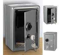 Hucha con ranura para dinero, metal, 12 x 18 x 10 cm, color plateado, 2 llaves con cerradura de combinación (1 caja fuerte plateada)