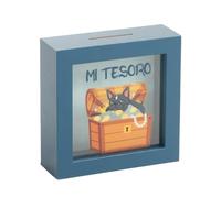 Hucha Cuadrada de Madera Mi Tesoro con Marco Azul, Diseño Decorativo con Cofre del Tesoro, 15 x 5 x 15 cm, con Enganche para Colgar