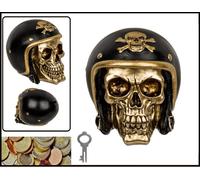 Hucha De Calavera Dorada Con Casco De Motocicleta Negra
