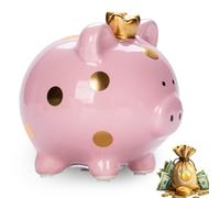 Hucha de cerdo de la suerte para niñas, hucha de cerámica, pequeña 11,8 x 14 x 13,2 cm, hucha de corona de princesa, hucha para niños, niñas, adultos, idea de regalo, decoración (rosa)