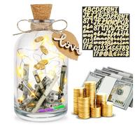 Hucha de cristal transparente para adultos y niños, tarro de dinero transparente con luz LED, botella de cristal con calcomanías de símbolos del alfabeto con purpurina, regalo de dinero personalizado