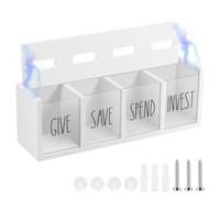 Hucha de madera, 4 compartimentos, caja de dinero para dar, ahorrar, gastar e invertir, para montaje en pared, con placa acrílica transparente, para niños y adultos (blanco)