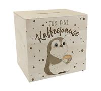Hucha de madera con diseño de pingüino con capuchino, con texto en alemán "Für eine Kaffeepausse" ein buntes Sparschwein als Kaffeekasse Geburtstag Kollege Kaffeepause Pause Pause Kaffee sparen