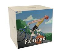 Hucha de madera con divertido ciclista y texto - para una bicicleta nueva como regalo para los ciclistas que quieren comprar un nuevo burro de alambre y algo de dinero