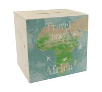 Hucha de madera con mapa de África y texto - travel Through África como regalo para vacacionistas que quieren viajar por África y necesitan dinero para el vuelo y el alojamiento