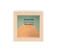 Hucha de Madera y Cristal con Mensaje 'Atención No Abrir hasta Que Esté Llena', 15x15x5cm