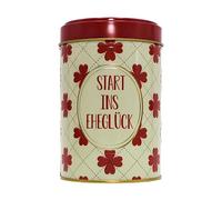 Hucha de Metal, diseño de Lata - Inicio en la Felicidad matrimonial, diseño de Flores en Rojo y Beige, tamaño H/Ø AC. 14 x 9 cm