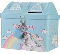 Hucha de Metal Forma de Casita con Candado, Hucha Lata Divertida Gran Tamaño para Niños y Niñas (Unicorn Celeste)