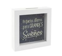 Hucha Decorativa de Cristal y Color blaanco con Mensaje Motivacional. Pequeños Ahorros para Grandes SUEÑOS, 15x15x5 cm