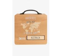 Hucha Decorativa, Maleta de Viaje de Madera, Vuelta al Mundo, Vacaciones, Rueda para indicar el Viaje Deseado, Autralia, Isla desiesta, Exotic Holidays 15x15x7cm (Maleta Vuelta al Mundo)