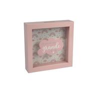 Hucha Grande de Madera Rosa, 16 x 16 cm, diseño Arco Iris y Nubes, para niña